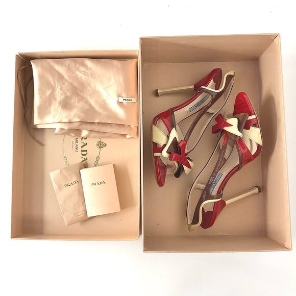 Prada S2012 Flame Red Patent Leather Bow Hotrod Strappy Heeled Sandals 36.5 - Picture 8 of 9